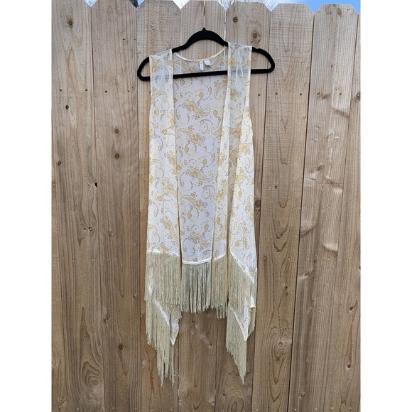 Cato Size Large Sleeveless Cardigan Fringe Paisley Light Pale Yellow Boho - Picture 1 of 6